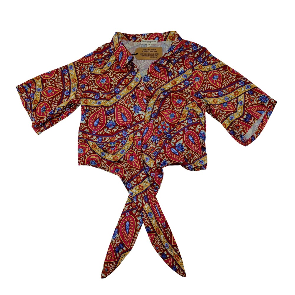 Christian Siriano New York Womens Paisley Tie Front Crop Top Size XS Red Gold‎